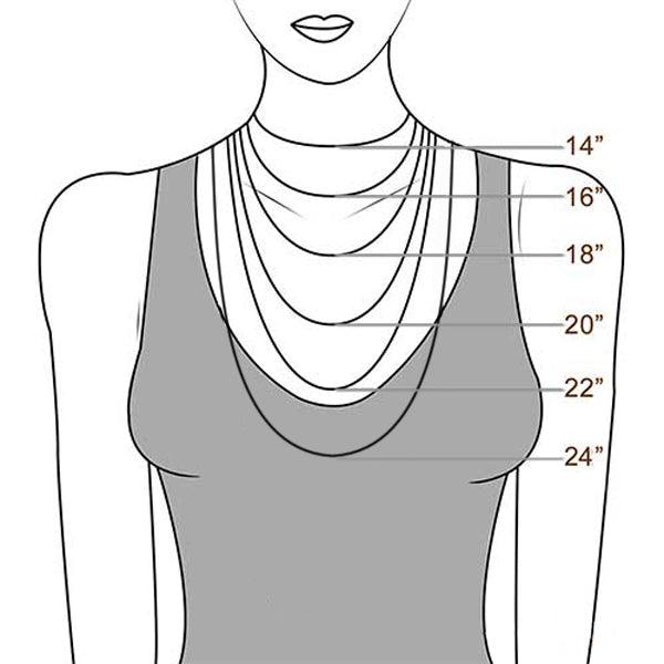 Illustration of a woman wearing necklaces of different lengths (14", 16", 18", 20", 22", and 24") to show how each length falls on the chest.