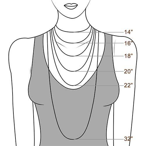 Diagram showing necklace lengths on a female figure, including 14", 16", 18", 20", 22", and 32" chains for visual reference.