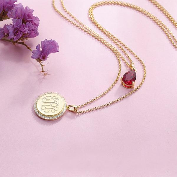 Personalized Double-Layered Necklace with Birthstone and Monogram in Sterling Silver or Gold - Belbren