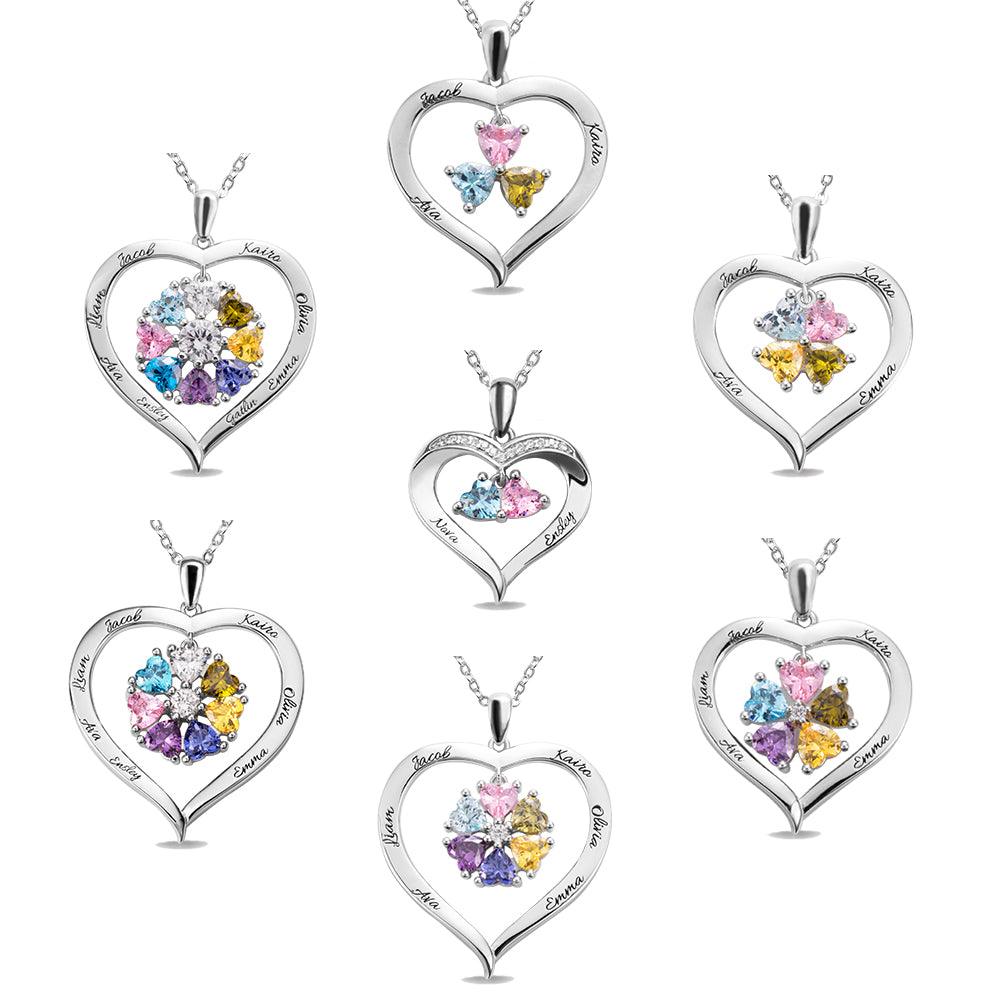 A collection of heart-shaped silver necklaces featuring colorful birthstones and engraved names, showcasing various designs with two to six birthstones each.