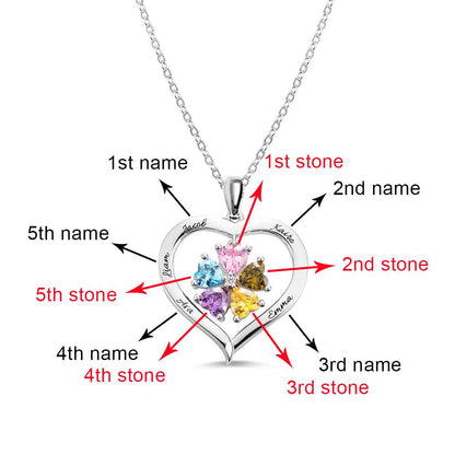 A heart-shaped silver necklace with five heart-shaped birthstones, marked to indicate the first through fifth stones and engraved names "Jacob," "Katira," "Emma," "Ava," and "Liam."