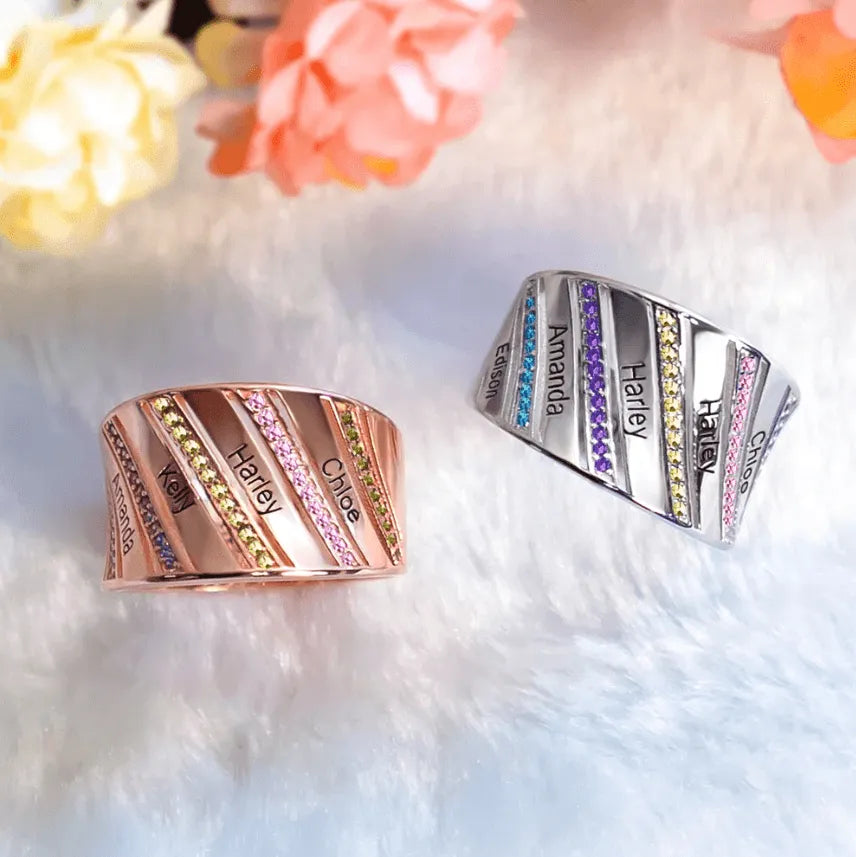 Personalized Family Name and Birthstone Engraved Ring in Silver, Gold, and Rose Gold - Customizable Jewelry Gift for Loved Ones - Belbren