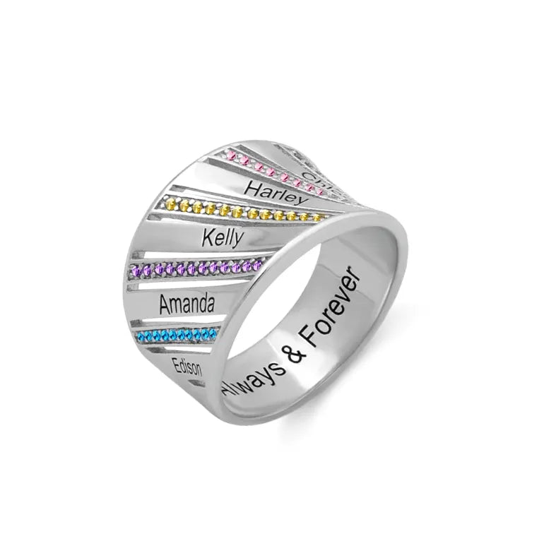 Personalized Family Name and Birthstone Engraved Ring in Silver, Gold, and Rose Gold - Customizable Jewelry Gift for Loved Ones - Belbren