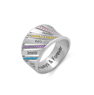 Silver personalized ring with engraved names and colorful birthstones, featuring an "Always & Forever" inscription, showcasing its elegant and custom design.