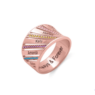 Rose gold personalized ring with engraved names and colorful birthstones, featuring an "Always & Forever" inscription, showcasing its elegant and custom design.