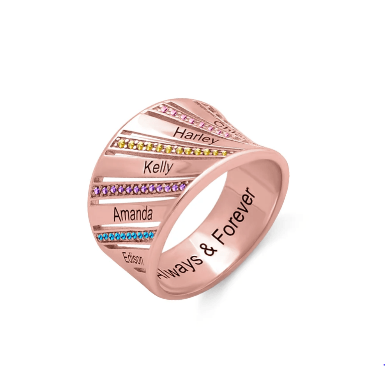 Rose gold personalized ring with engraved names and colorful birthstones, featuring an "Always & Forever" inscription, showcasing its elegant and custom design.