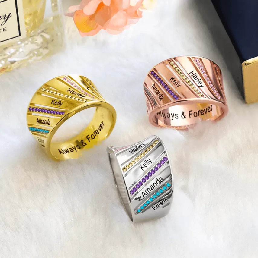 Personalized Family Name and Birthstone Engraved Ring in Silver, Gold, and Rose Gold - Customizable Jewelry Gift for Loved Ones - Belbren