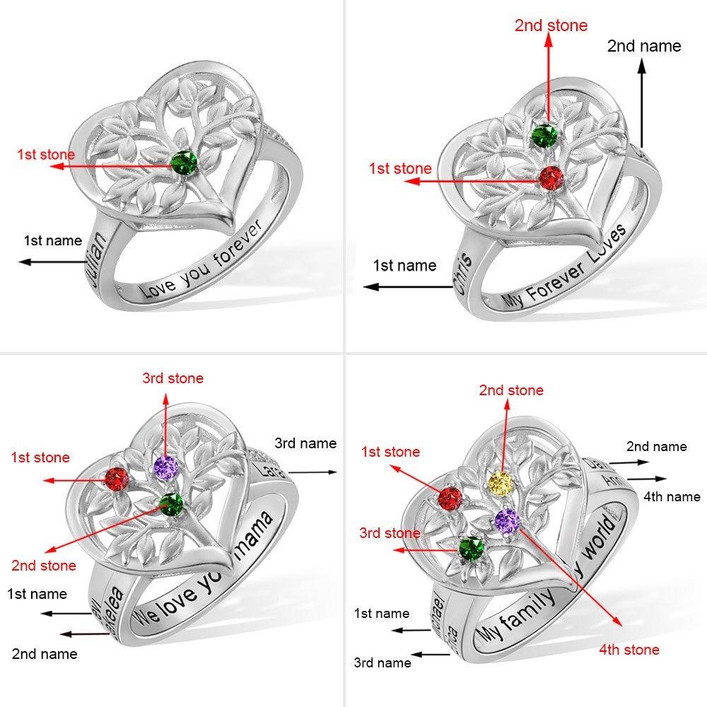 Four silver rings with heart and floral designs, each featuring colorful gems and labeled positions for names and stones, such as "Love you forever" and "My family, my world."