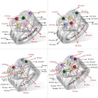 Four silver rings with heart and floral designs, each featuring colorful gems and labeled positions for names and stones, such as "My little monkeys" and "We love you mama.