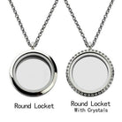 Two round lockets on chains: one plain labeled "Round Locket" and the other adorned with crystals labeled "Round Locket With Crystals."