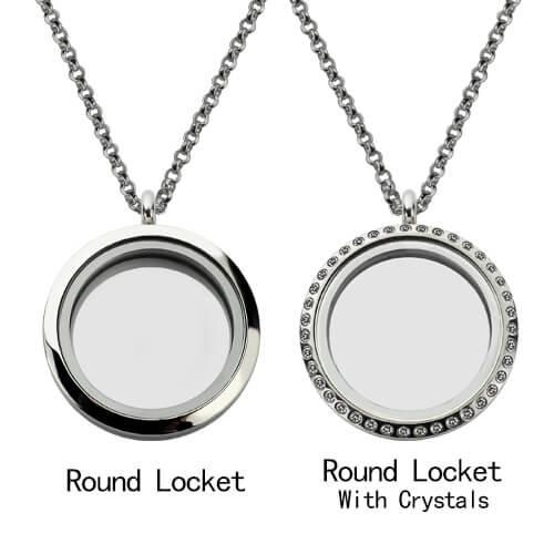 Two round lockets on chains: one plain labeled "Round Locket" and the other adorned with crystals labeled "Round Locket With Crystals."