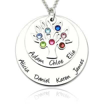 A silver necklace pendant featuring a family tree with colorful birthstones. The inner small disk has the names Adam, Chloe, and Elie, while the outer big disk has the names Alicia, Daniel, Karen, and James.