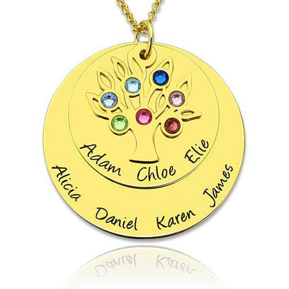 A gold family tree necklace features two disks: a smaller disk with the names Adam, Chloe, and Elie, and a larger disk with the names Alicia, Daniel, Karen, and James, adorned with colorful gemstones.