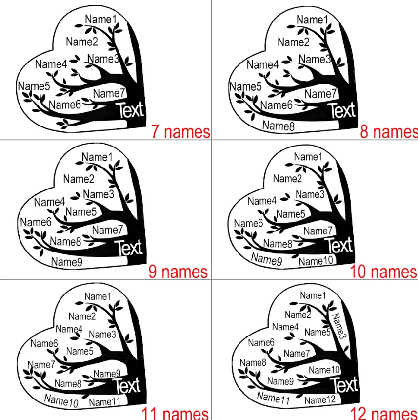 Diagram of heart-shaped pendant designs with family tree layouts for 7 to 12 names, each showing the placement of names and text within the tree branches.