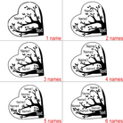 Diagram of heart-shaped pendant designs with family tree layouts for 1 to 6 names, each showing the placement of names and text within the tree branches.