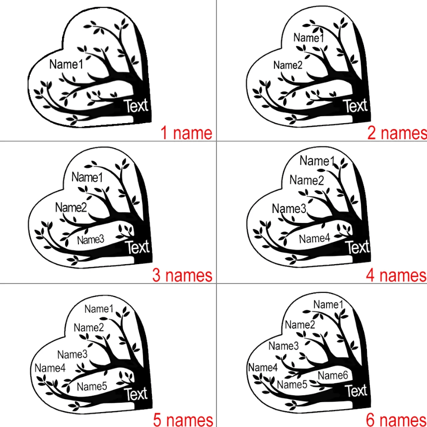 Diagram of heart-shaped pendant designs with family tree layouts for 1 to 6 names, each showing the placement of names and text within the tree branches.