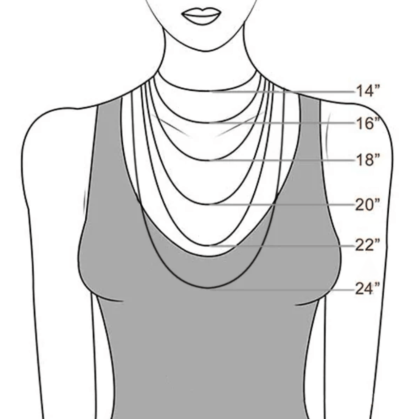 Illustration showing necklace lengths on a woman, with measurements from 14 inches to 24 inches, each length displayed to indicate where it falls on the chest.