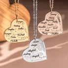 Three heart-shaped pendant necklaces with family tree designs; one in gold with names Dwayne, Destiny, etc., one in rose gold with names Tommy, Shana, etc., and one in silver with names Anissa, Aniya, etc.