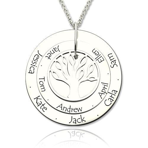 A silver circular pendant necklace featuring a tree design in the center, surrounded by the engraved names "Jessica, Peter, Tom, Kate, Andrew, Jack, Ellen, April, Carla, Sam."