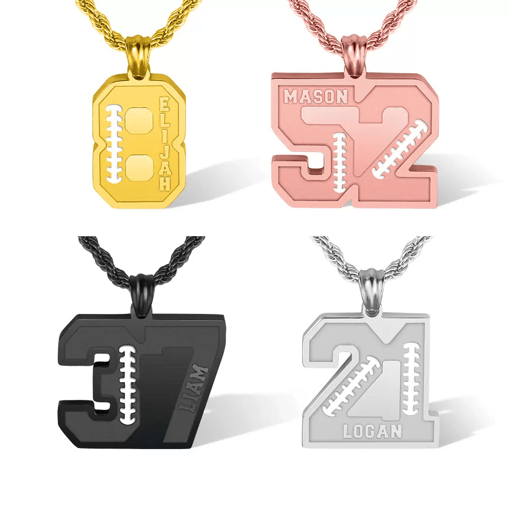 Personalized Football Name and Number Necklace for Athletes - Custom Sport Pendant in Stainless Steel, Gold, Rose Gold and Black - Belbren