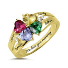 Gold ring with four heart-shaped multicolored gems and engraved names "Olivia," "Rebecca," "Sandy," "Joshua" with "We love you mommy."