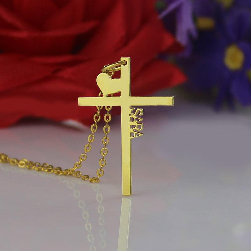 Personalized Gold Plated Cross Name Necklace with Heart - Belbren