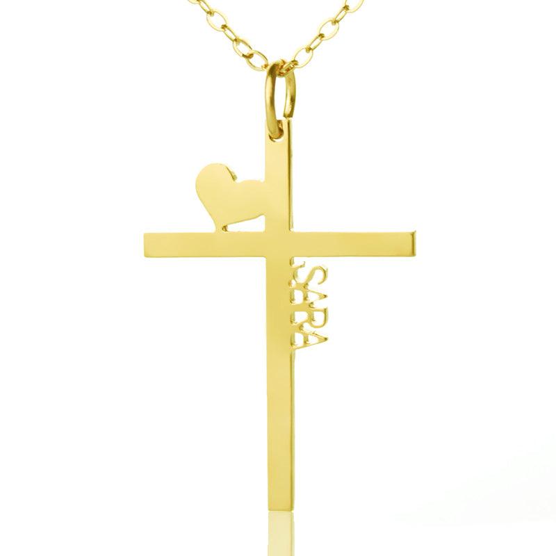 Personalized Gold Plated Cross Name Necklace with Heart - Belbren