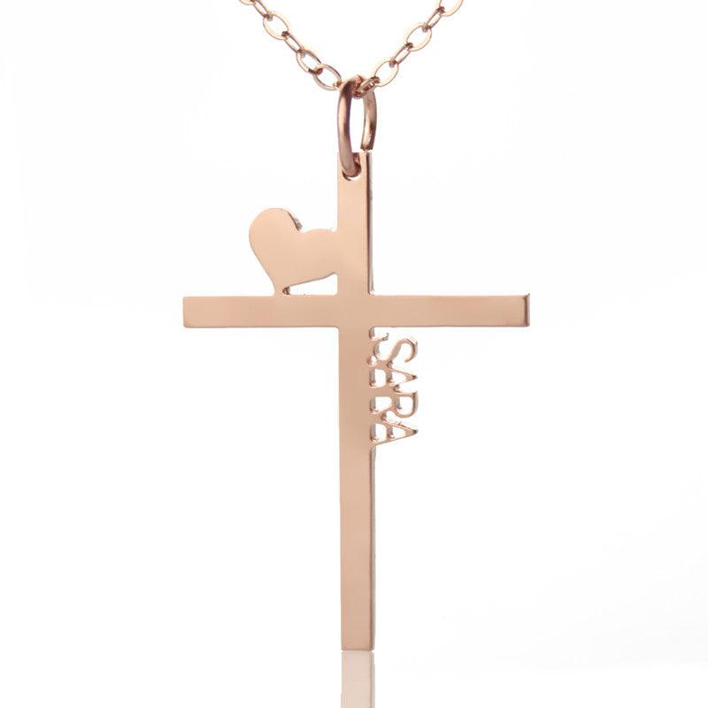 Personalized Gold Plated Cross Name Necklace with Heart - Belbren