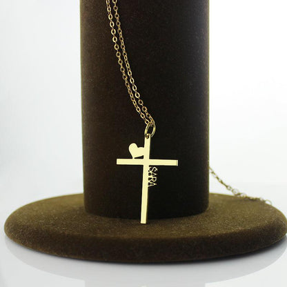 Personalized Gold Plated Cross Name Necklace with Heart - Belbren