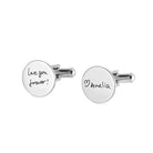 Silver cufflinks with inscriptions; one says 'Love you forever!' and the other '❤ Amelia'.