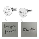 Silver cufflinks showcasing handwritten messages, 'Love you forever!' and '❤ Amelia', replicated from paper notes.