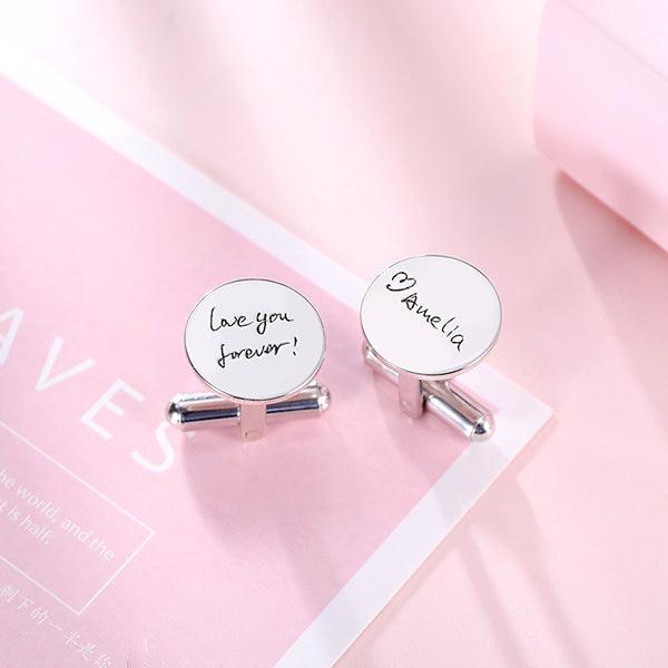 Personalized silver cufflinks on pink background with messages 'Love you forever!' and '❤ Amelia' engraved.