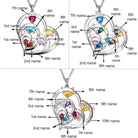 Three heart-shaped pendants with colorful gemstones and engraved names, each labeled to indicate the order of the names from 1st to 10th, displayed in a diagram.