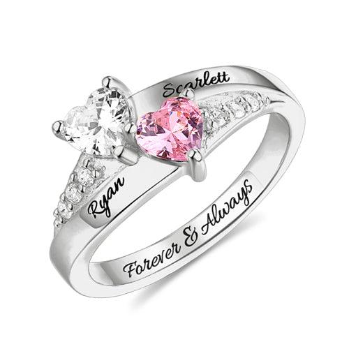 Personalized Heart Birthstone Ring with Engraved Names in Sterling Silver or Gold Plated – Custom Couple Promise Ring - Belbren