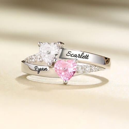 Personalized Heart Birthstone Ring with Engraved Names in Sterling Silver or Gold Plated – Custom Couple Promise Ring - Belbren