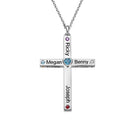 Personalized heart cross necklace featuring names and birthstones on a silver chain, showcasing a unique blend of faith and love.