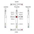 Diagram showing customizable options for a heart cross necklace, detailing name and birthstone placements on the front, left, right, upside, and underside.