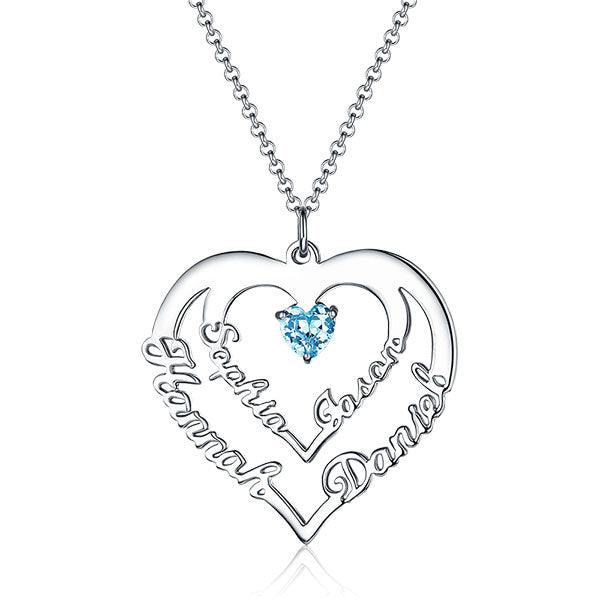 Personalized Heart Necklace with 4 Names & Birthstones in Sterling Silver - Belbren