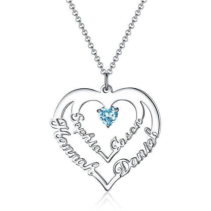 Personalized Heart Necklace with 4 Names & Birthstones in Sterling Silver - Belbren