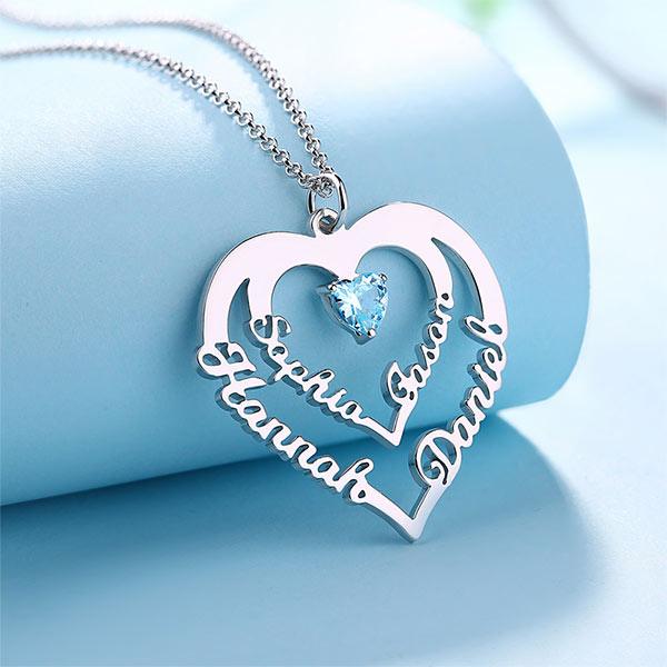 Personalized Heart Necklace with 4 Names & Birthstones in Sterling Silver - Belbren