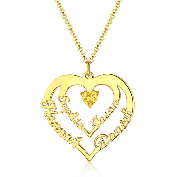 Personalized Heart Necklace with 4 Names & Birthstones in Sterling Silver - Belbren