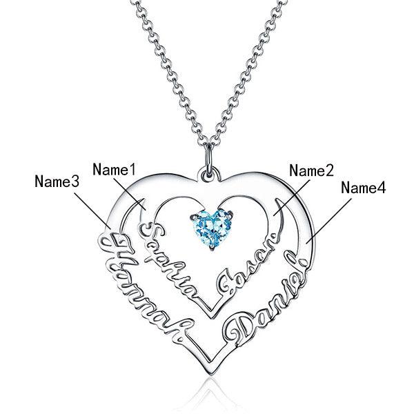 Personalized Heart Necklace with 4 Names & Birthstones in Sterling Silver - Belbren