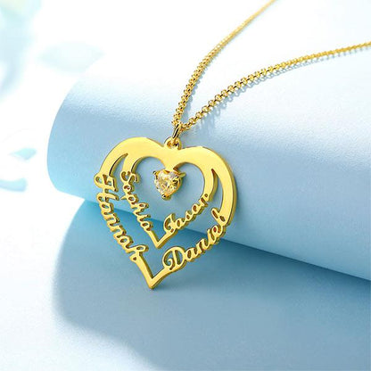 Personalized Heart Necklace with 4 Names & Birthstones in Sterling Silver - Belbren