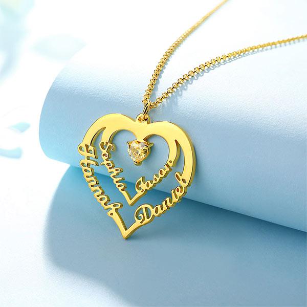 Personalized Heart Necklace with 4 Names & Birthstones in Sterling Silver - Belbren