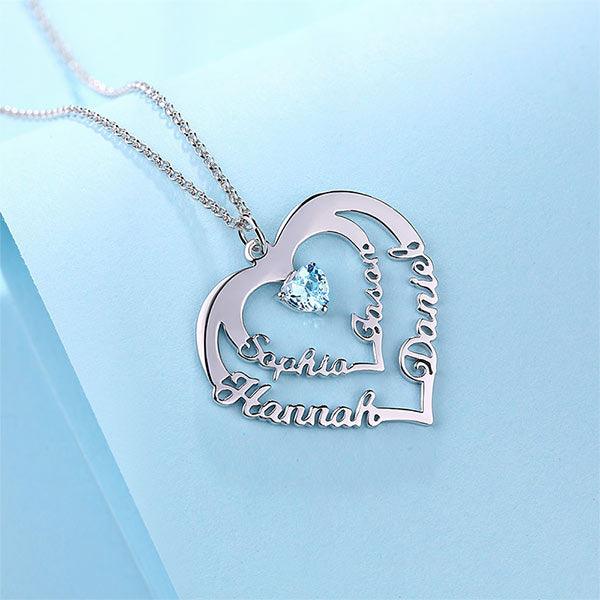 Personalized Heart Necklace with 4 Names & Birthstones in Sterling Silver - Belbren