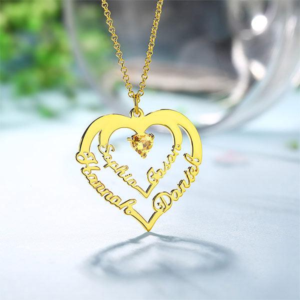 Personalized Heart Necklace with 4 Names & Birthstones in Sterling Silver - Belbren