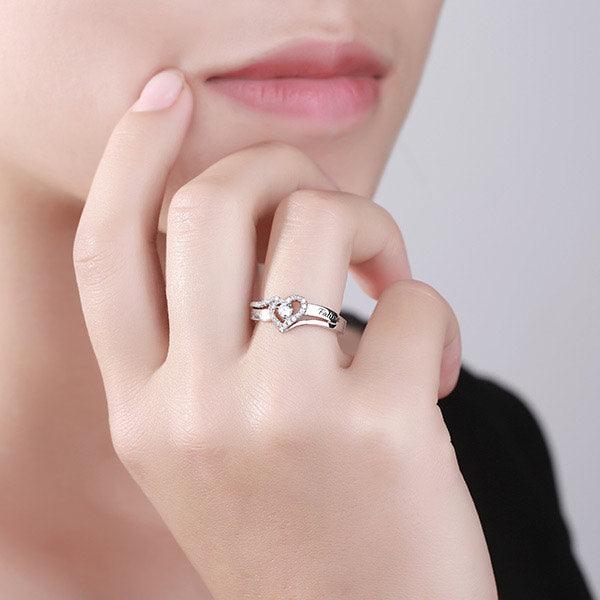 Personalized silver ring featuring a central diamond, heart design, and names 'Matthew' & 'Fatima' with 'Always & Forever' inscribed.