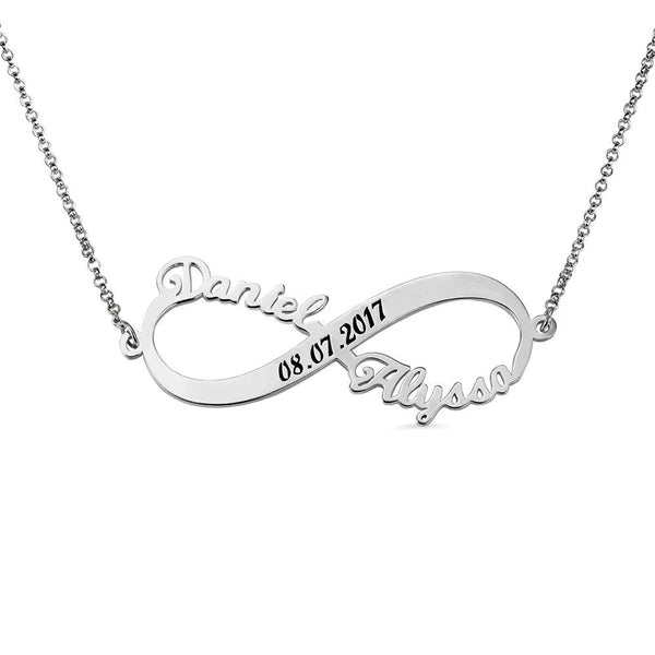 Personalized Infinity 2 Name Necklace with Custom Date Engraving - 925 Sterling Silver - Belbren