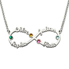 Silver infinity necklace with names Chloe, Julian, Sophia, Katie and colored gemstones.