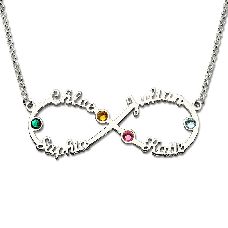 Silver infinity necklace with names Chloe, Julian, Sophia, Katie and colored gemstones.